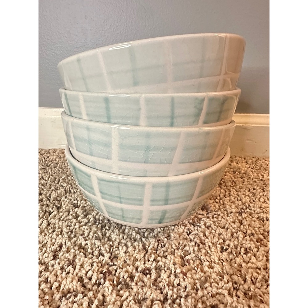 Pier 1 Checkerboard Stoneware Bowls Set of 4 Light Blue White Crackle Glaze 6.25